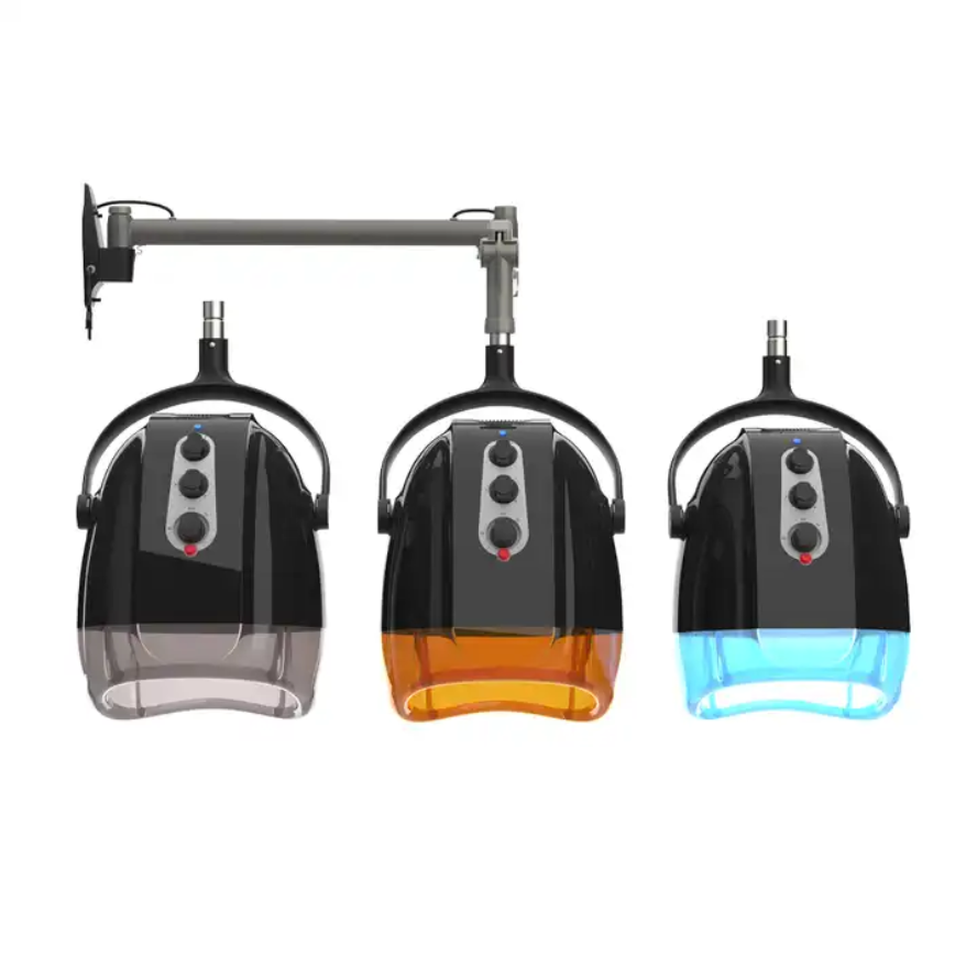 Professional Wall Mounted Salon Dryers. High-speed AC MOTOR800rpmto1200rpm Tourmaline ION generator with ON/OFF switch, Speed 800rpm/1200rpm,  Adjustable temperature up to 158°F/70°C , Built-in 60-minute timer High Safety Automatically switch off when over-heated , Adjustable height 360° Angle-adjustable hood 90 , black/ Smokey Optional black/ Orange  Colors black/Blue , Compact packaging, everything fits in ONE BOX