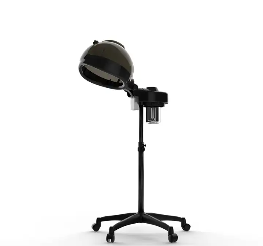 Salon Hair steamer and Dryer.   Large hood design accommodates all roller sizes ,  Works with normal tap water and is simple to refill , 60minute Mechanical timer , .Equipped with water level detecting system. When water level is low ,the unit will shut off automatically. Adjustable height from 37"to 49", The stand base features four easy-rolling caster wheels for smooth and easy manoeuvrability.