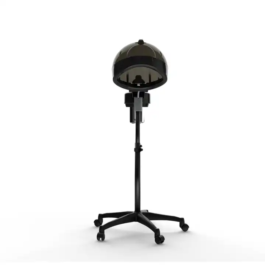 Salon Hair steamer and Dryer.   Large hood design accommodates all roller sizes ,  Works with normal tap water and is simple to refill , 60minute Mechanical timer , .Equipped with water level detecting system. When water level is low ,the unit will shut off automatically. Adjustable height from 37"to 49", The stand base features four easy-rolling caster wheels for smooth and easy manoeuvrability.