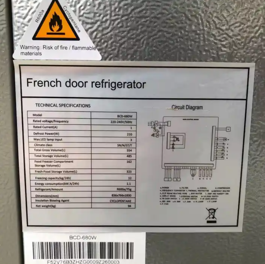French Door Refrigerator With Water Dispenser Drawer Freezer Wind Cooling Big Size 680L Frost Free Big Home 4 Door Fridge