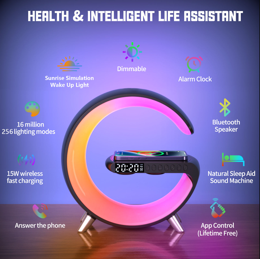 15W Speaker Multifunctional Fast Wireless Charger,  Rgb Light G Shaped 2 Type-c Fast Control Time Alarm Clock Bluetooth Speaker
