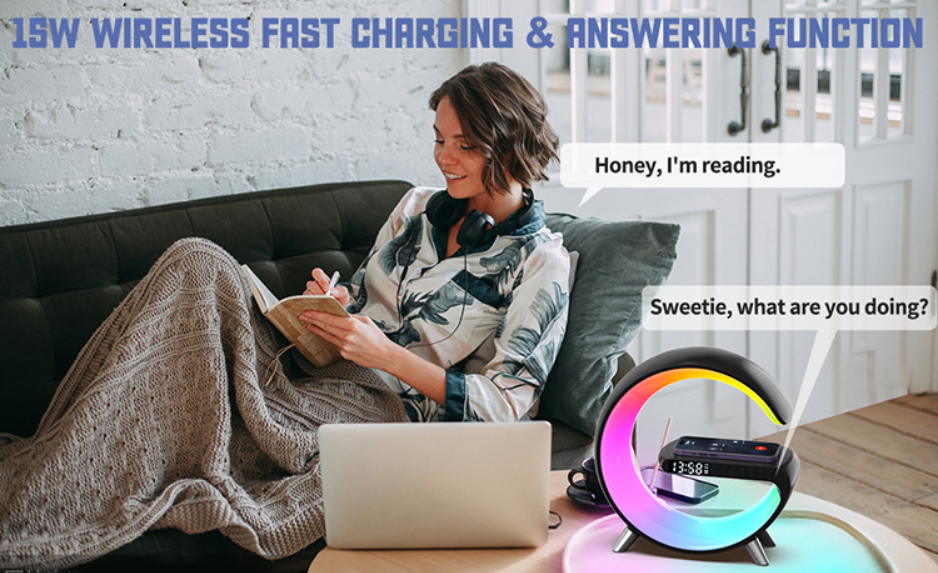 15W Speaker Multifunctional Fast Wireless Charger,  Rgb Light G Shaped 2 Type-c Fast Control Time Alarm Clock Bluetooth Speaker