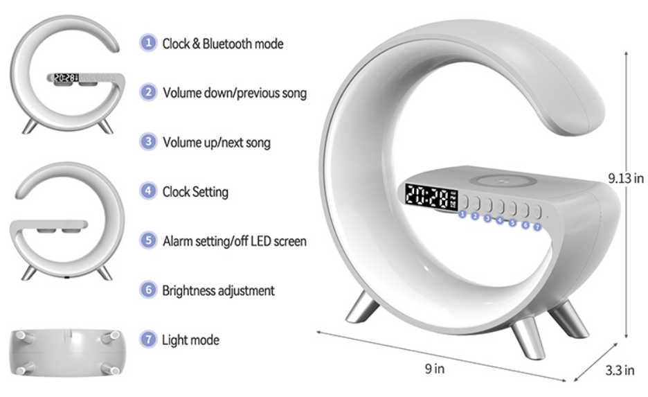 15W Speaker Multifunctional Fast Wireless Charger,  Rgb Light G Shaped 2 Type-c Fast Control Time Alarm Clock Bluetooth Speaker