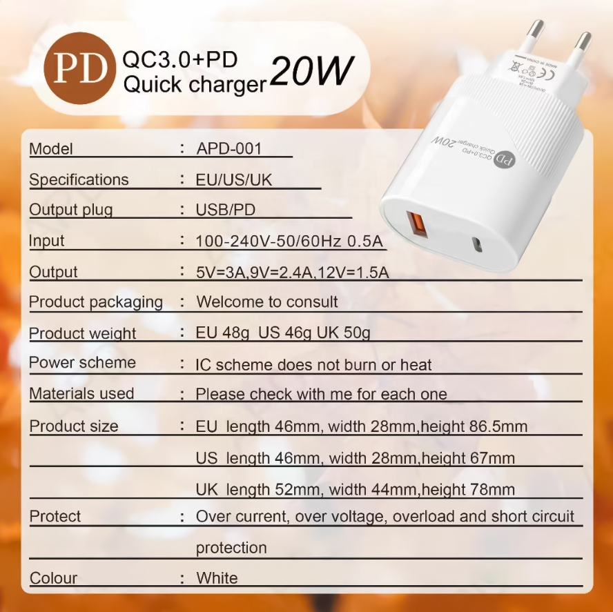 20W Travel Super Fast Charger  ,  Type C Power Adapter Brick QC3.0 ,18W Dual Port Multi Phone , Charger Cable 20W Pd Charger