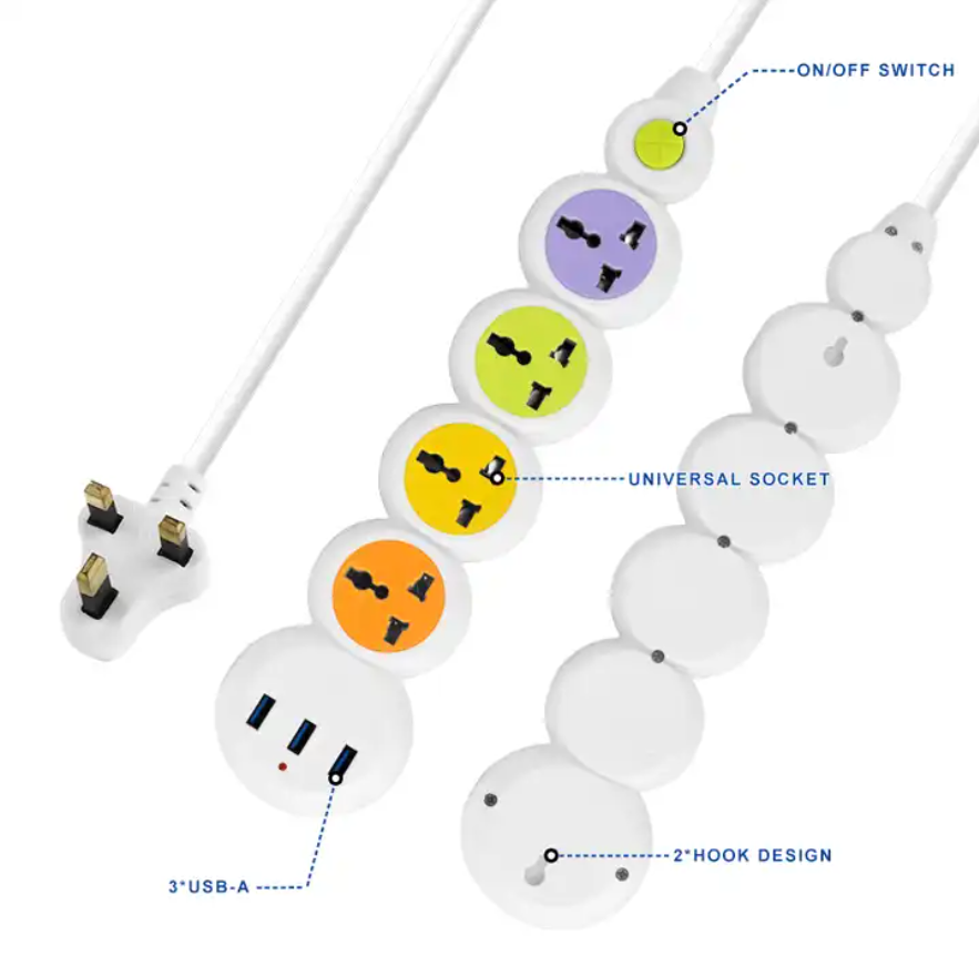 Multiple Color Universal Style Extension Socket 4 Ways 3USB Power Strip