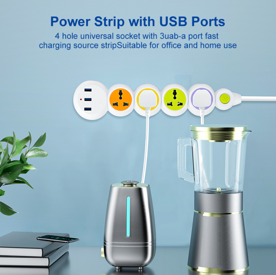 Multiple Color Universal Style Extension Socket 4 Ways 3USB Power Strip