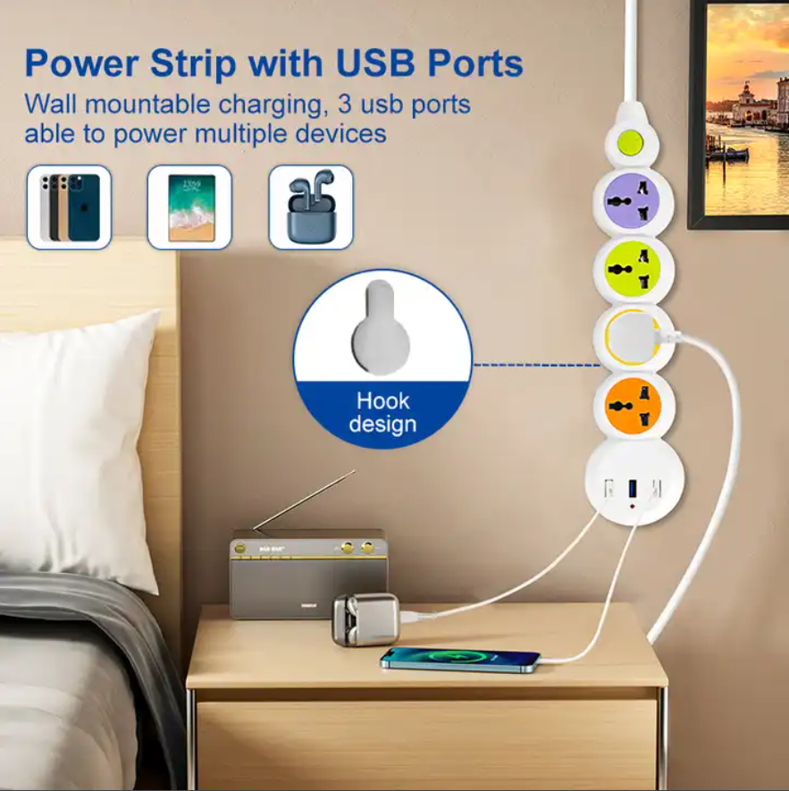 Multiple Color Universal Style Extension Socket 4 Ways 3USB Power Strip