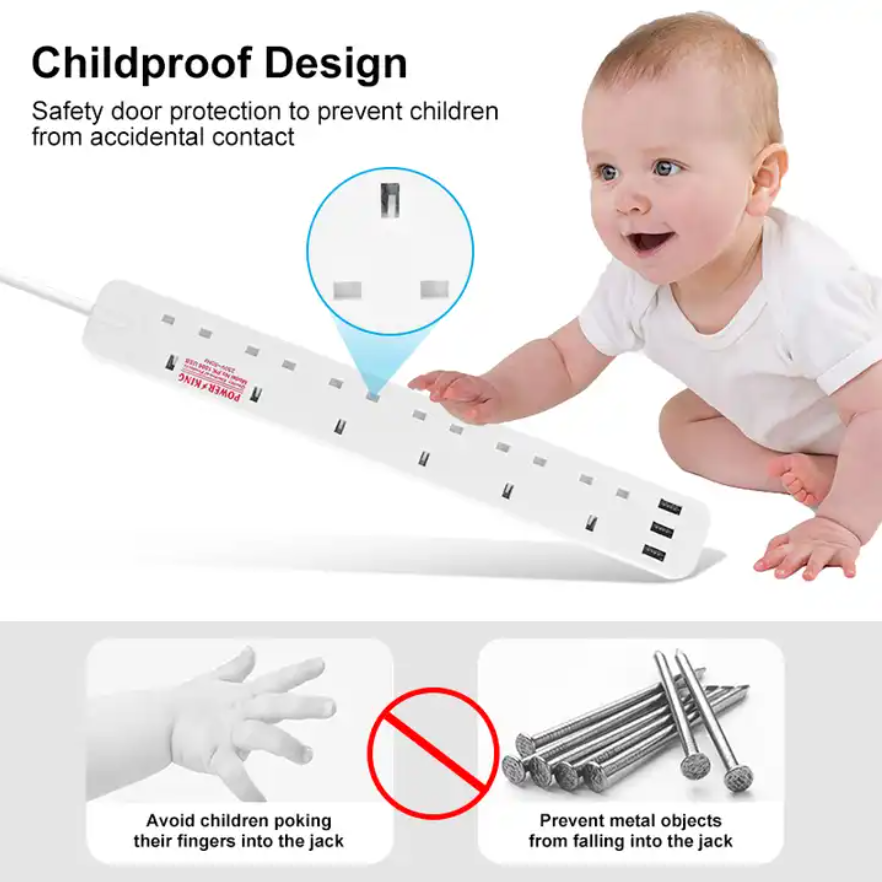 British Type Power Socket White 6 Outlet With 3 USB Extension Socket