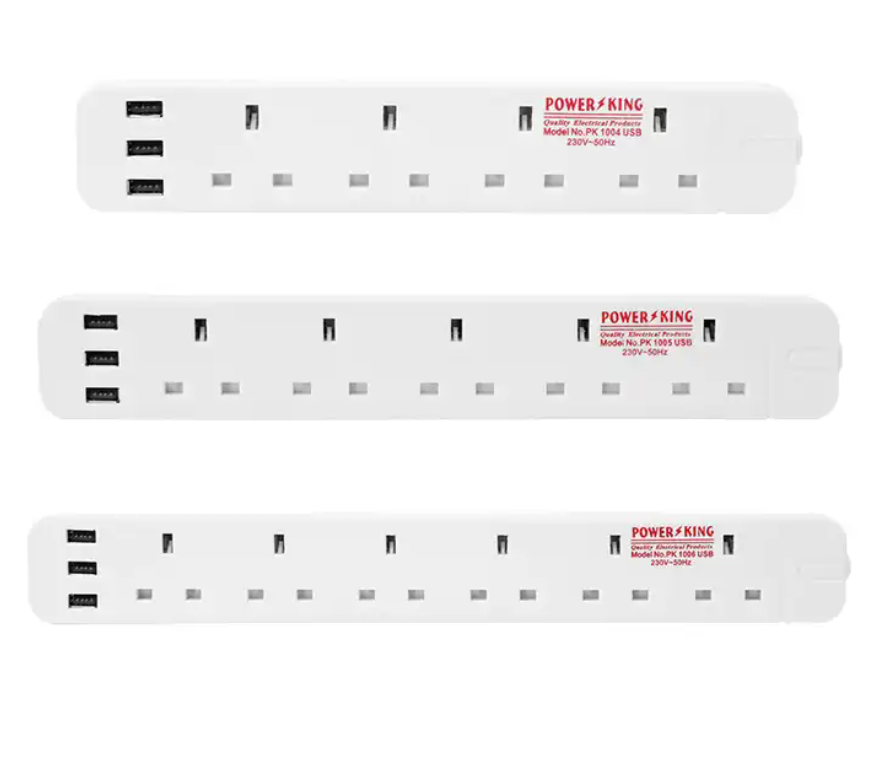 British Type Power Socket White 6 Outlet With 3 USB Extension Socket
