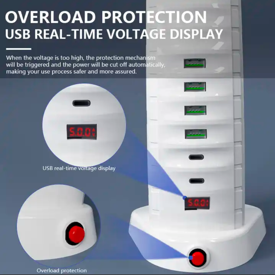 British standard power strip tower muti-plug 8outlet+4USB+2typec Overload protection extension wire socket