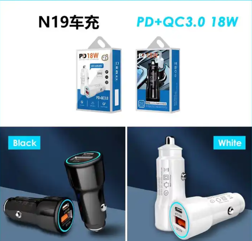 12W PD Car Charging 5V 2.4A Dual Port USB Car Charger Type-C