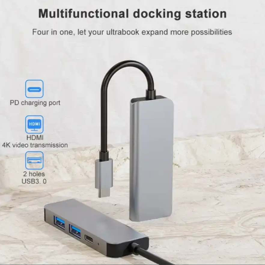 4 In 1 USB-C / Type-C + USB 3.0 + USB 2.0 + PD USB-C / Type-C Charging Ports Multifunctional HUB Docking Station