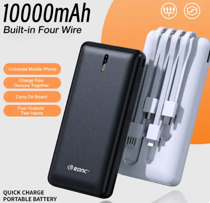Fast charger 4 Output 1 Input built in cable multi-colors 10000mah power bank