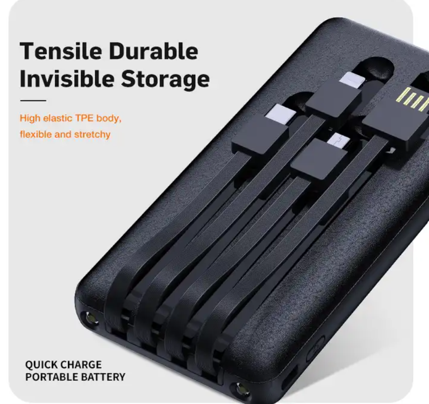 Fast charger 4 Output 1 Input built in cable multi-colors 10000mah power bank