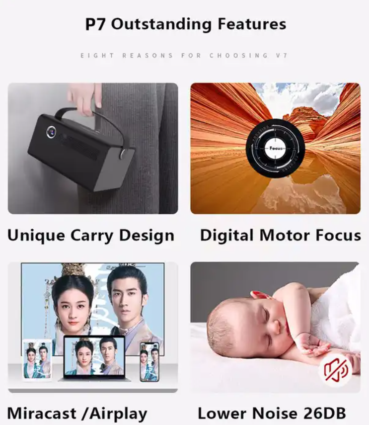 P7 Android Projector DLP Mini Portable Outdoor Movie Built-in 15600 mAh 4K Small Projector Smart Home Theatre Beamer