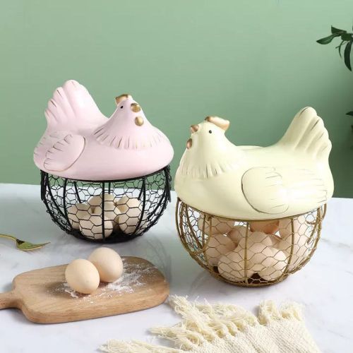 Mesh Wire Egg Storage Basket Chicken With Handles Decoration- Multi-colour. .