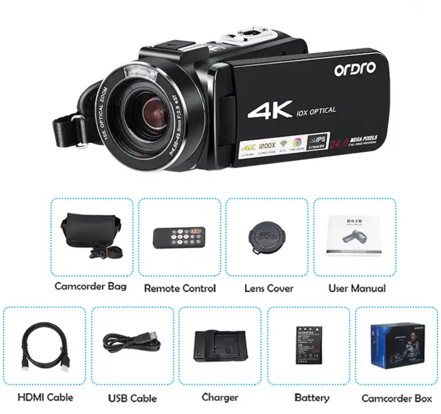 Ordro AC7 10X Optical Zoom Video Camera Wifi Recorder 4k Camcorder