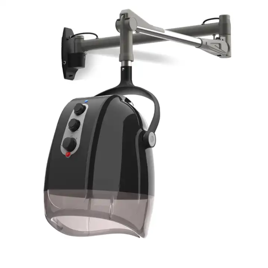 Professional Wall Mounted Salon Dryers.                                       High-speed AC MOTOR800rpmto1200rpm Tourmaline ION generator with ON/OFF switch, Speed 800rpm/1200rpm,  Adjustable temperature up to 158°F/70°C , Built-in 60-minute timer High Safety Automatically switch off when over-heated , Adjustable height 360° Angle-adjustable hood 90 , black/ Smokey Optional black/ Orange  Colors black/Blue , Compact packaging, everything fits in ONE BOX